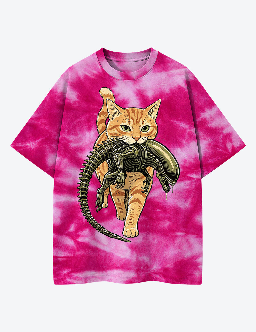 Cat Carrying Alien Orange Tabby Cat Horror Movie Unisex Cotton Handmade Tie-Dye T-Shirt